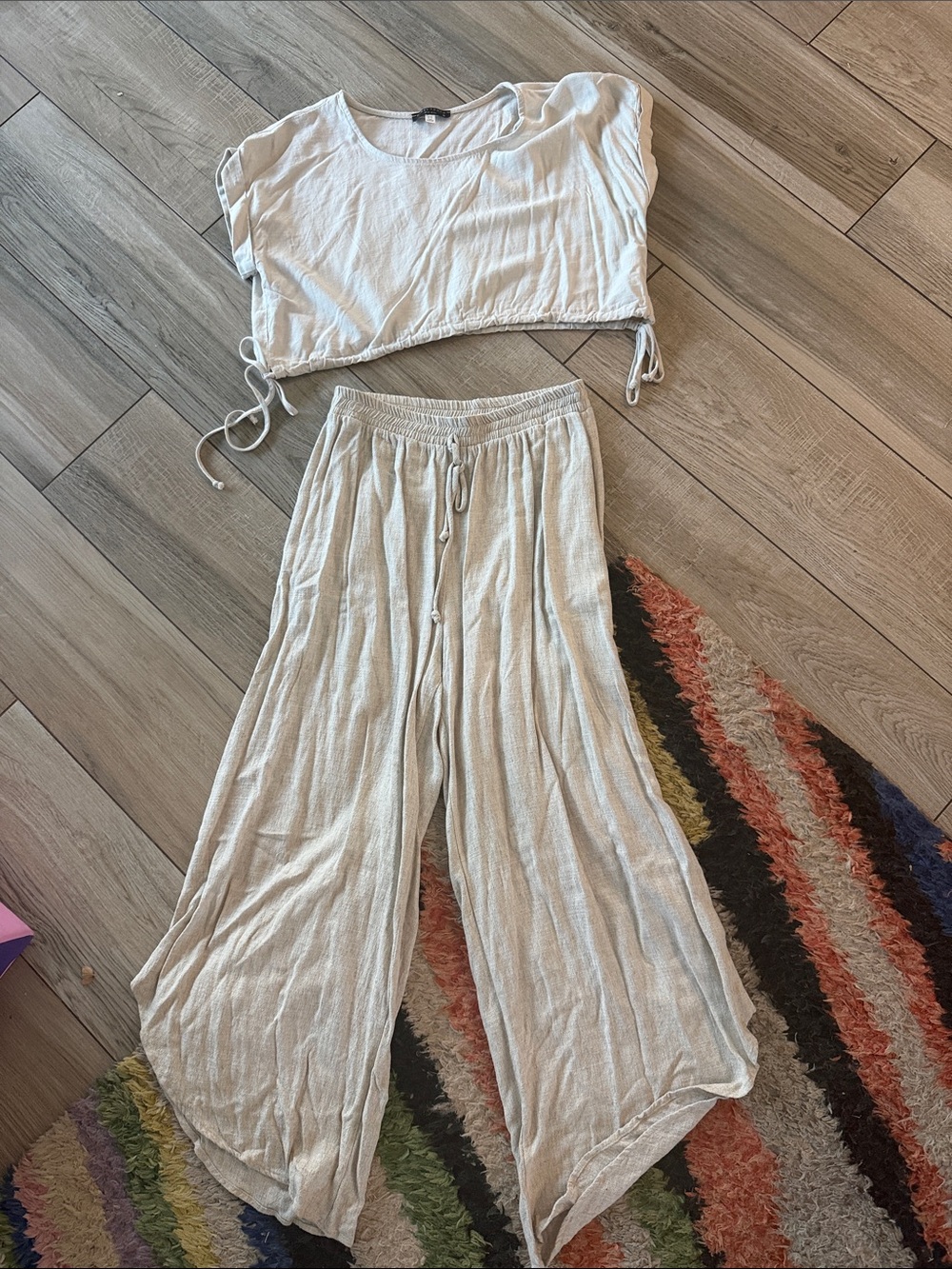 Light Cream Wide-Leg Knit Pantsuit with Drawstring Waist
